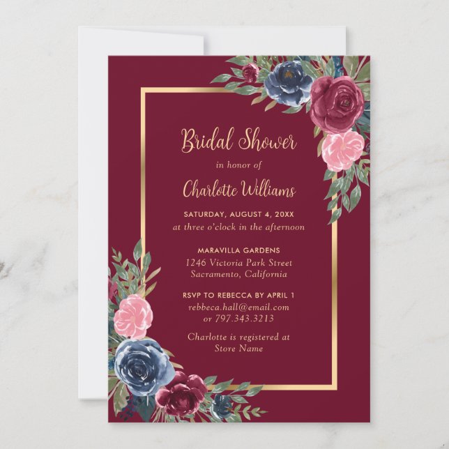 Invitación Borgoña Rubor Blue Gold Floral Bridal Shower (Anverso)