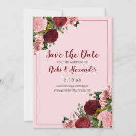 Invitación Borgoña Rubor Boda floral rosa Save Date