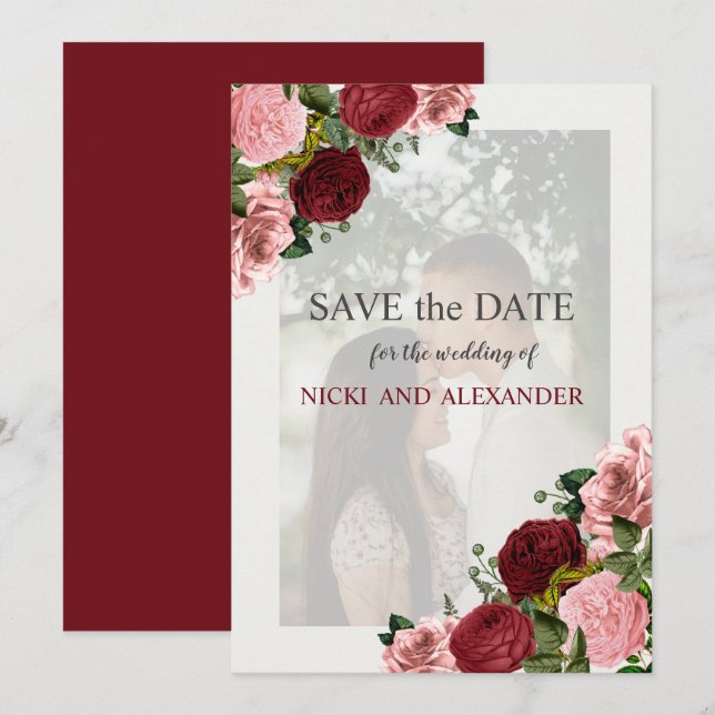 Invitación Borgoña Rubor Boda floral rosa Save Date (Anverso / Reverso)