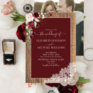Invitación Borgoña Rubor Botánico Script Boda de fotos