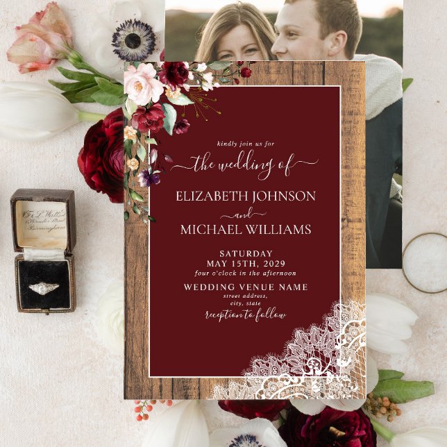 Invitación Borgoña Rubor Botánico Script Boda de fotos (Subido por el creador)