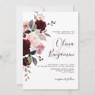 Invitación Borgoña Rubor Dusty Rosa Elegante Boda floral