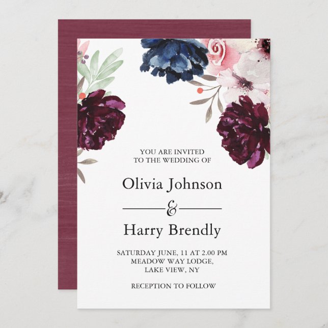 Invitación Borgoña Rubor Elegant Boda Floral (Anverso / Reverso)