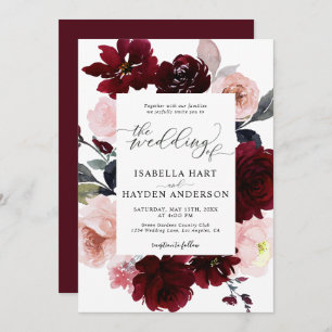 Invitación Borgoña Rubor Elegant Marsala Boda Floral Rosa