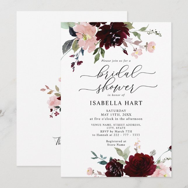 Invitación Borgoña Rubor Elegante Floral Wine Bridal Ducha (Anverso / Reverso)