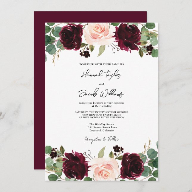 Invitación Borgoña Rubor Eucalyptus Boda (Anverso / Reverso)