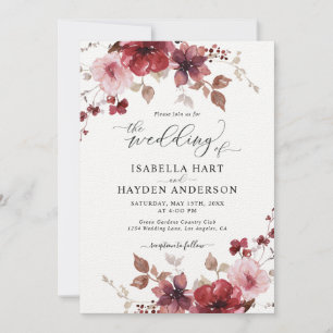 Invitación Borgoña Rubor Floral All In 1 QR Code Boda
