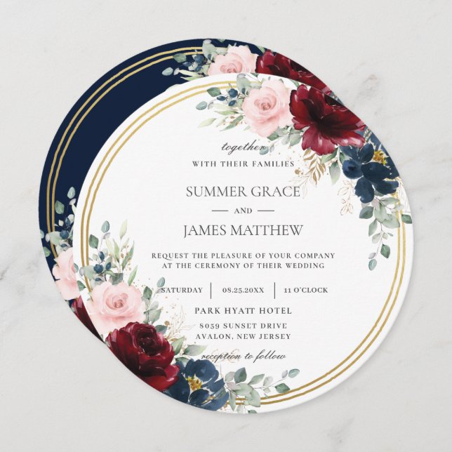 Invitación Borgoña Rubor Floral Azul Boda de Círculo de Oro (Anverso / Reverso)
