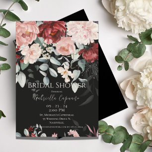 Invitación Borgoña Rubor Floral Black Bridal Shower