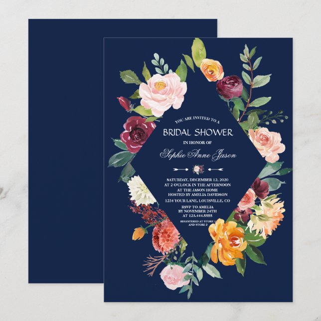 Invitación Borgoña Rubor Floral Dark Blue Bridal Shower (Anverso / Reverso)