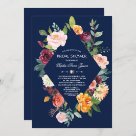 Invitación Borgoña Rubor Floral Dark Blue Bridal Shower