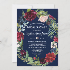Invitación Borgoña Rubor Floral Dark Blue Bridal Shower