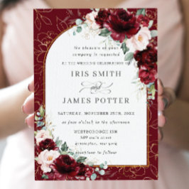 Invitación Borgoña Rubor Floral Flowers Arch Gold Boda