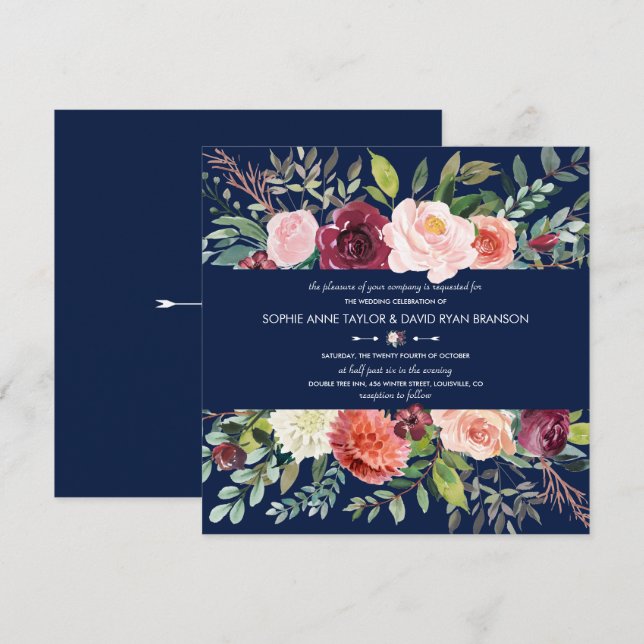 Invitación Borgoña Rubor Floral Frame Dark Blue Boda (Anverso / Reverso)