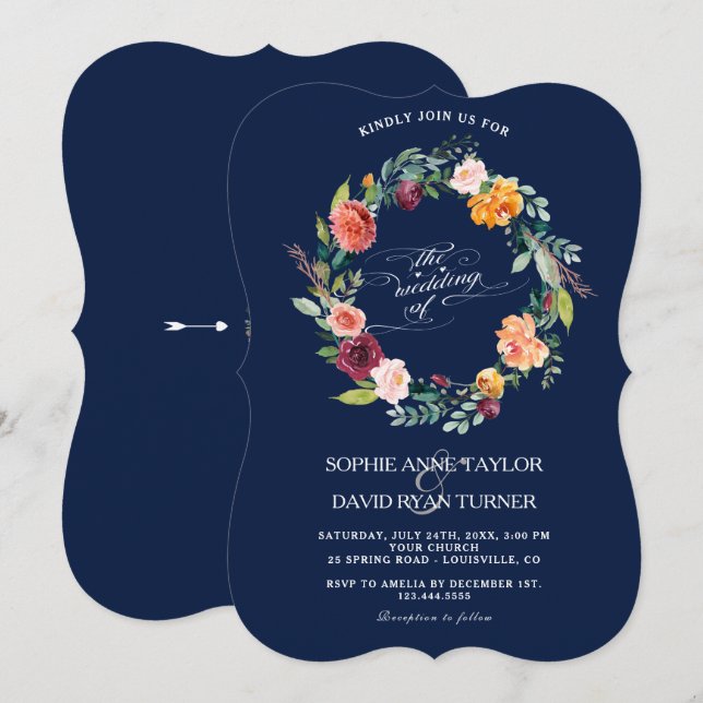 Invitación Borgoña Rubor Floral Frame Dark Blue Boda (Anverso / Reverso)