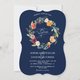 Invitación Borgoña Rubor Floral Frame Dark Blue Boda
