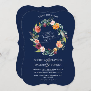 Invitación Borgoña Rubor Floral Frame Dark Blue Boda