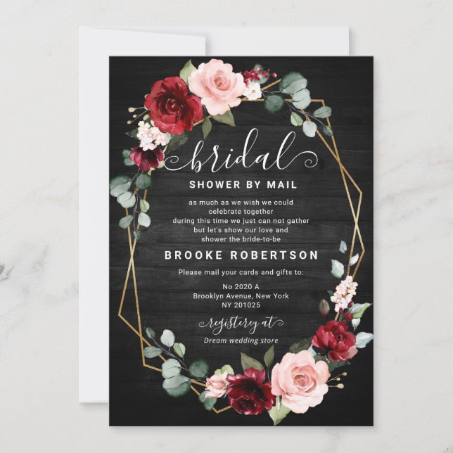 Invitación Borgoña Rubor Floral Geométrica Bridal Shower (Anverso)
