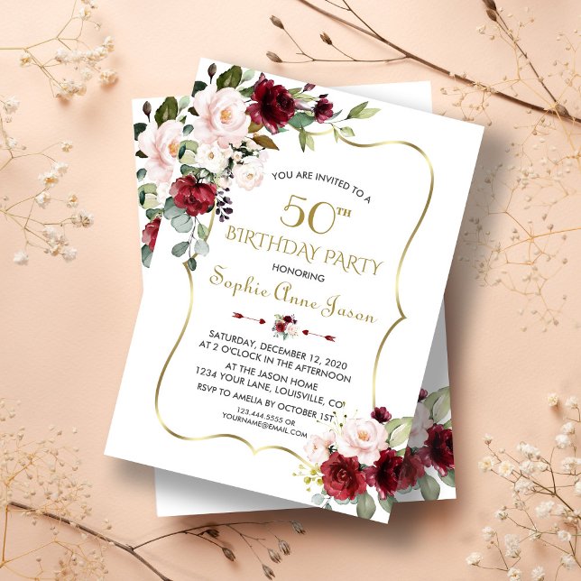 Invitación Borgoña Rubor Floral Gold Frame 50 cumpleaños (50th birthday, trendy 50th birthday invitation, modern gold floral birthday invite)