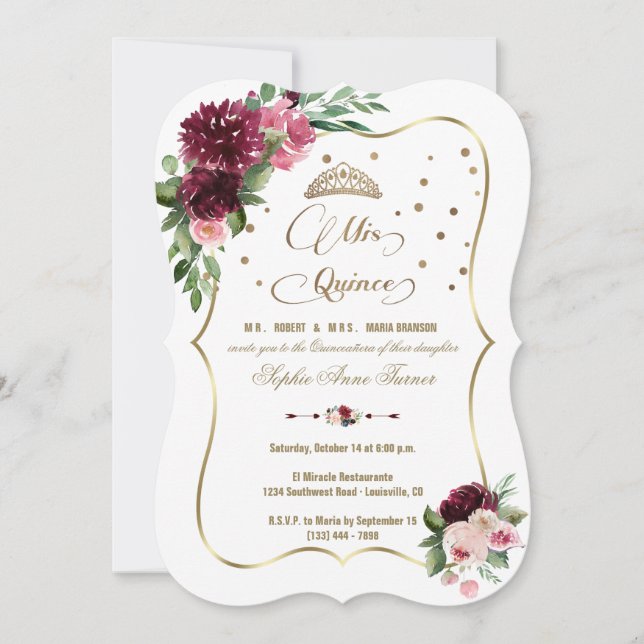 Invitación Borgoña Rubor Floral Gold Mis Quince Quinceañera (Anverso)
