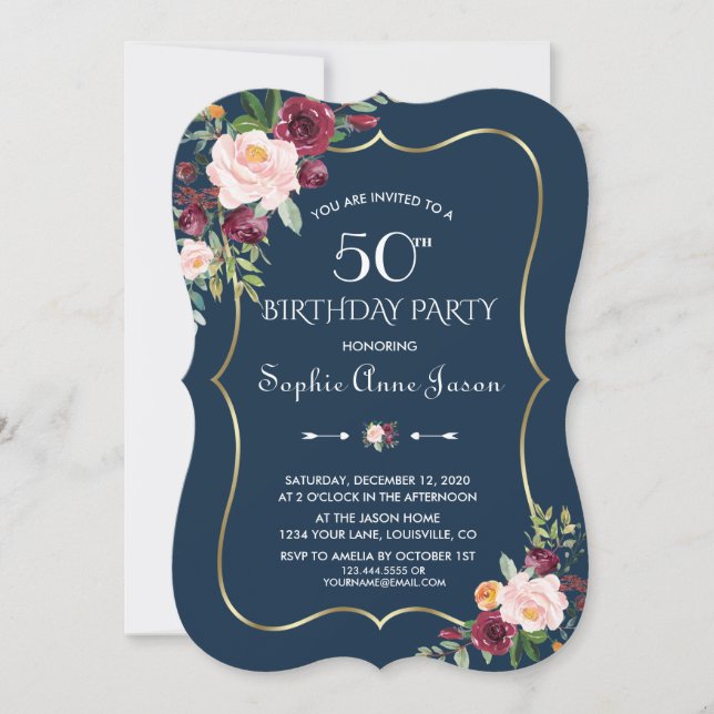 Invitación Borgoña Rubor Floral Gold Navy Blue 50 cumpleaños (Anverso)