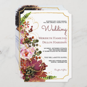 Invitación Borgoña Rubor Floral Gold Photo Boho Boda