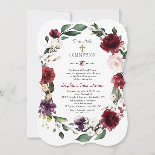 Invitación Borgoña Rubor Floral Gold Primera Santa Comunión (Anverso)