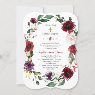 Invitación Borgoña Rubor Floral Gold Primera Santa Comunión
