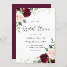 Invitación Borgoña Rubor Floral Gold Purpurina Bridal Shower