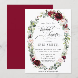 Invitación Borgoña Rubor Floral Leafy Wreath Bridal Shower