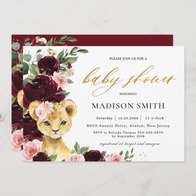 Invitación Borgoña Rubor Floral Lion Cub Baby Shower     (Anverso / Reverso)