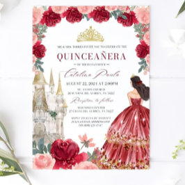 Invitación Borgoña Rubor Floral Quinceanera Invitatio Rojo