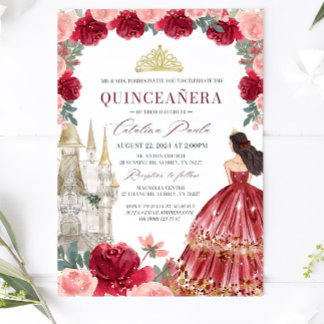 Invitación Borgoña Rubor Floral Quinceanera Invitatio Rojo