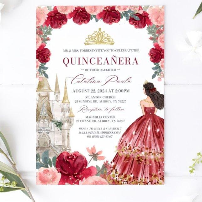 Invitación Borgoña Rubor Floral Quinceanera Invitatio Rojo (Subido por el creador)