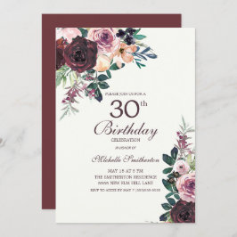 Invitación Borgoña Rubor Floral rosa deja 30 cumpleaños