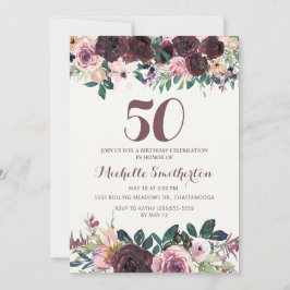Invitación Borgoña Rubor Floral rosa deja 50 cumpleaños