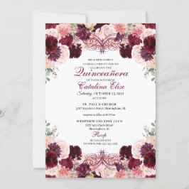 Invitación Borgoña Rubor Floral rosa Quinceanera Cumpleaños