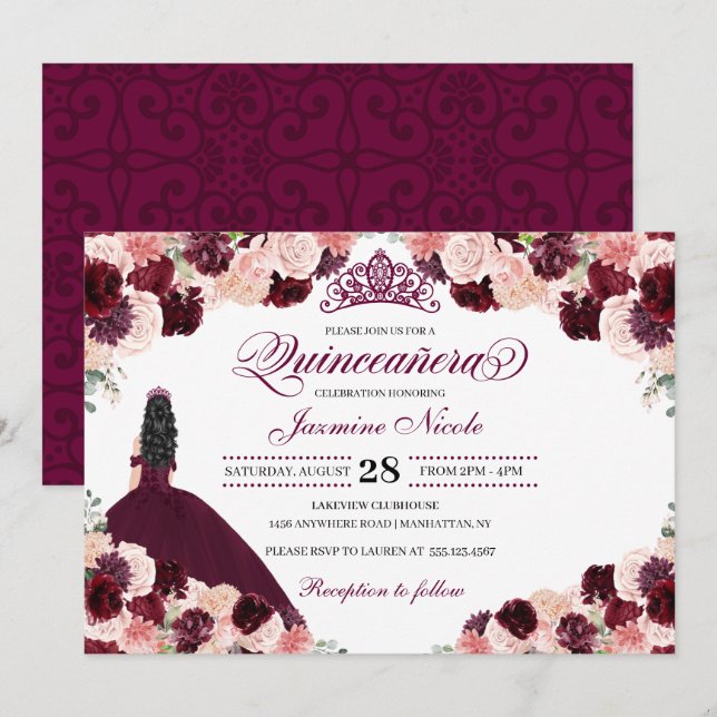 Invitación Borgoña Rubor Floral rosa Quinceanera Cumpleaños (Anverso / Reverso)