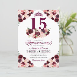 Invitación Borgoña Rubor Floral rosa Quinceanera Cumpleaños