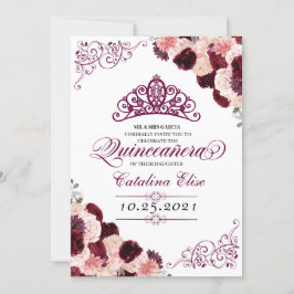 Invitación Borgoña Rubor Floral rosa Quinceanera Cumpleaños