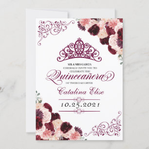 Invitación Borgoña Rubor Floral rosa Quinceanera Cumpleaños