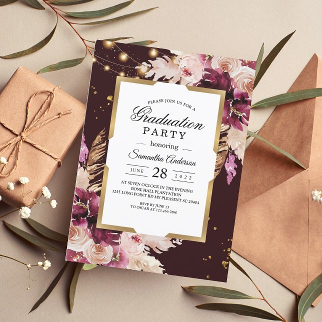Invitación Borgoña Rubor Floral rosa y marco dorado y luces (Subido por el creador)