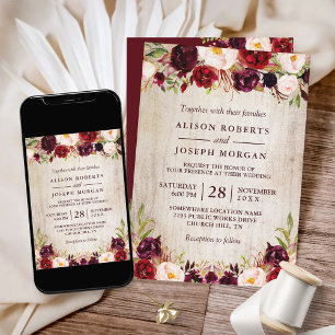 Invitación Borgoña Rubor Floral Rustic Barn Wood Boda