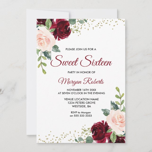 Invitación Borgoña Rubor Floral Sweet 16 Cumpleaños (Anverso)