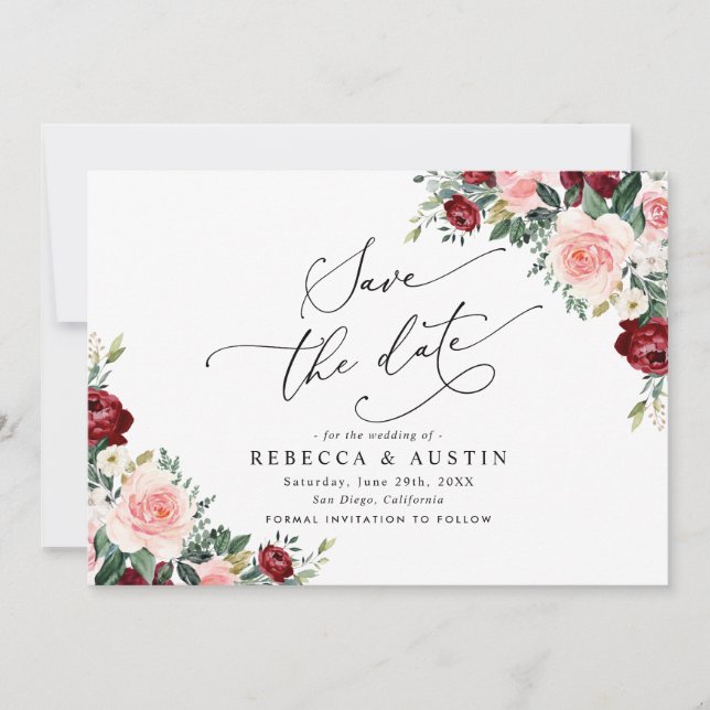 Invitación Borgoña Rubor Floral Wedding Save the Date (Anverso)