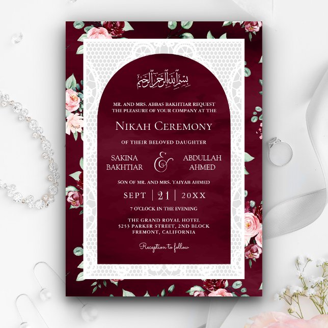 Invitación Borgoña Rubor Floral White Lace Boda musulmana (Subido por el creador)