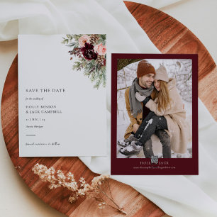 Invitación Borgoña Rubor Floral Winter Wedding Save the Date