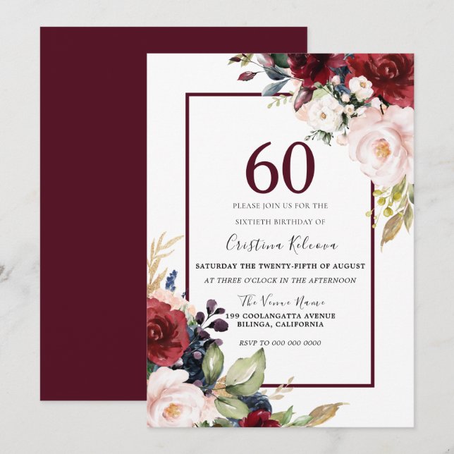 Invitación Borgoña Rubor Floral Womans Hombres 60 años (Anverso / Reverso)
