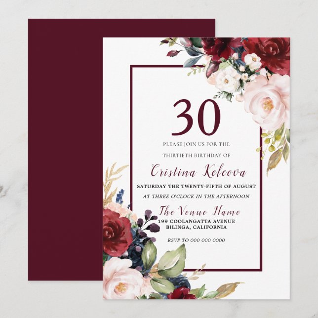 Invitación Borgoña Rubor Floral Womans Mens 30 cumpleaños (Anverso / Reverso)
