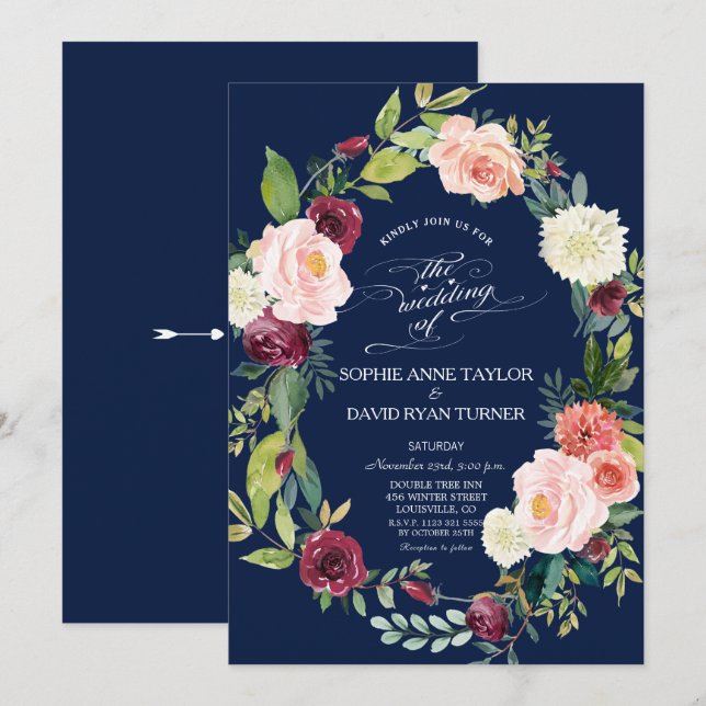 Invitación Borgoña Rubor Floral Wreath Dark Blue Boda (Anverso / Reverso)